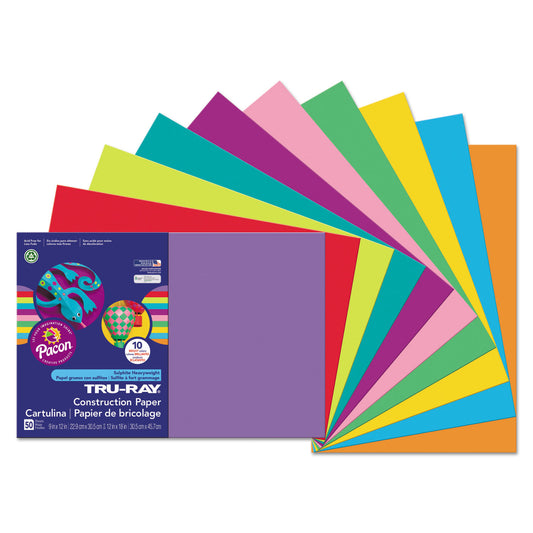 Pacon Tru-Ray Construction Paper, 76 lb Text Weight, 12 x 18, Assorted Bright Colors, 50/Pack (102941)