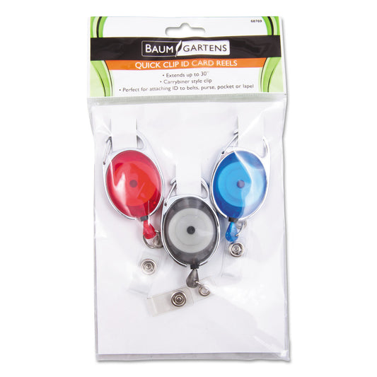 SICURIX Quick Clip Card Reels, 30" Extension, Blue/Red/Smoke, 3/Pack (68769)