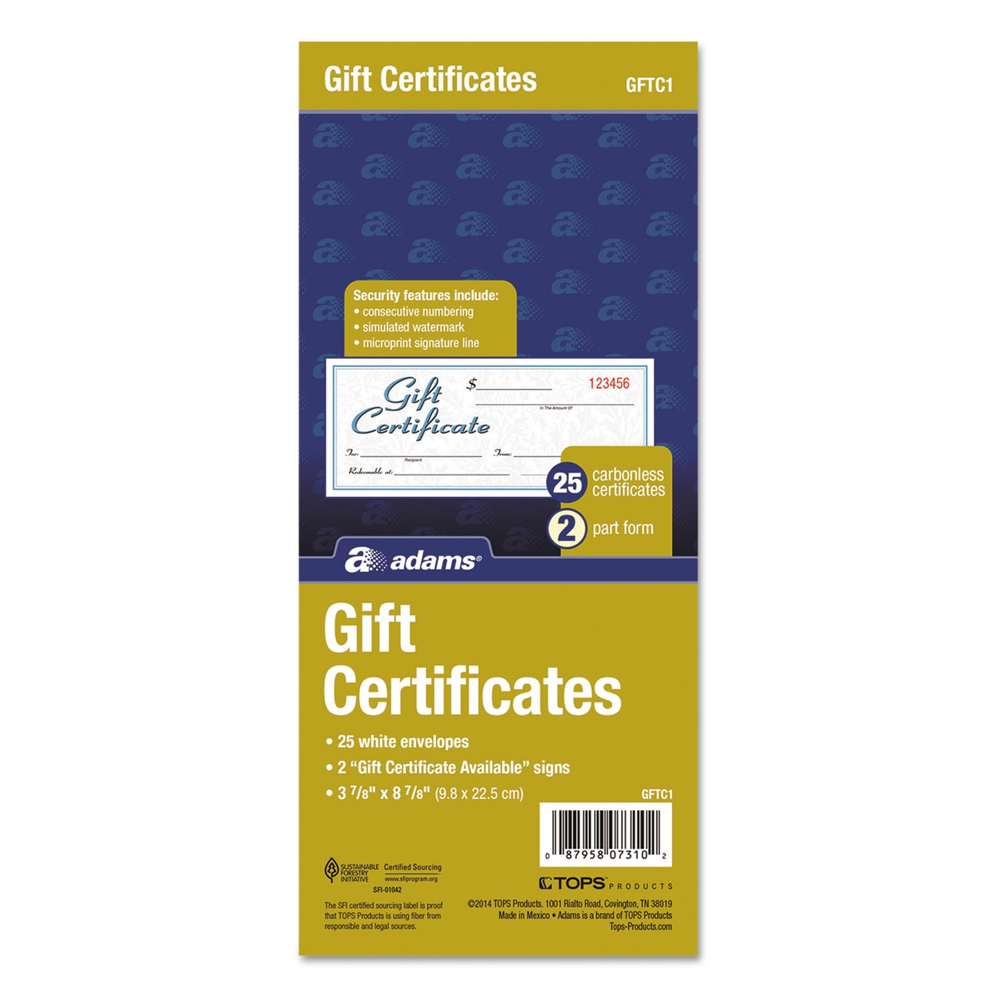 Adams Gift Certificates with Envelopes, 8 x 3.4, White/Canary, 25/Book (GFTC1)