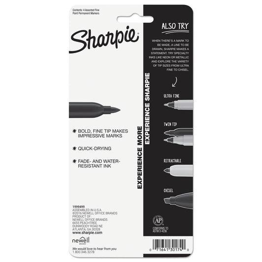 Sharpie Fine Tip Permanent Marker, Fine Bullet Tip, Assorted Colors, 4/Set (30174PP)