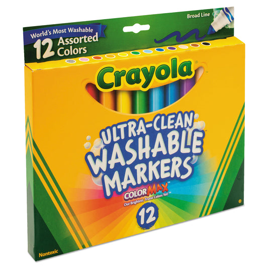 Crayola Ultra-Clean Washable Markers, Broad Bullet Tip, Assorted Colors, Dozen (587812)