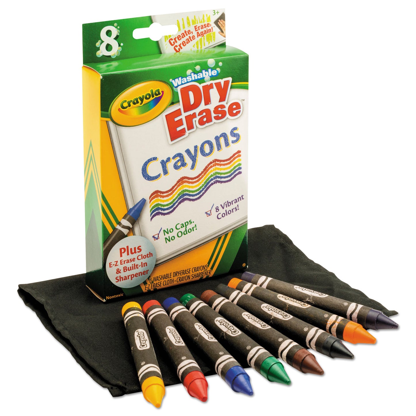 Crayola Washable Dry Erase Crayons w/E-Z Erase Cloth, Assorted Colors, 8/Pack (985200)