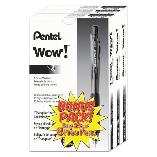 Pentel WOW! Ballpoint Pen Value Pack, Retractable, Medium 1 mm, Black Ink, Smoke/Black Barrel, 36/Pack (BK440ASWUS)