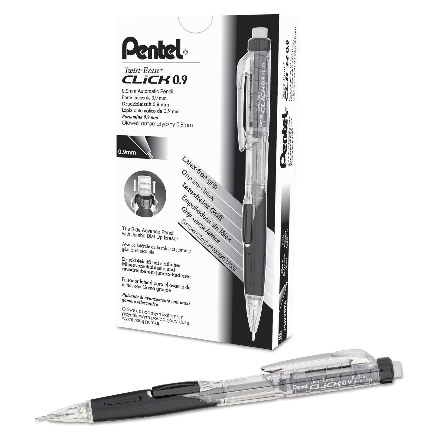Pentel Twist-Erase CLICK Mechanical Pencil, 0.9 mm, HB (#2), Black Lead, Black Barrel (PD279TA)
