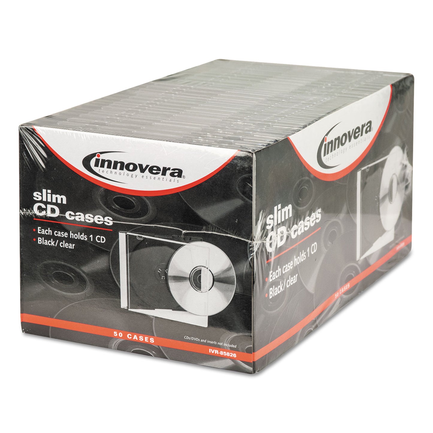 Innovera CD/DVD Slim Jewel Cases, Clear/Black, 50/Pack (85826)