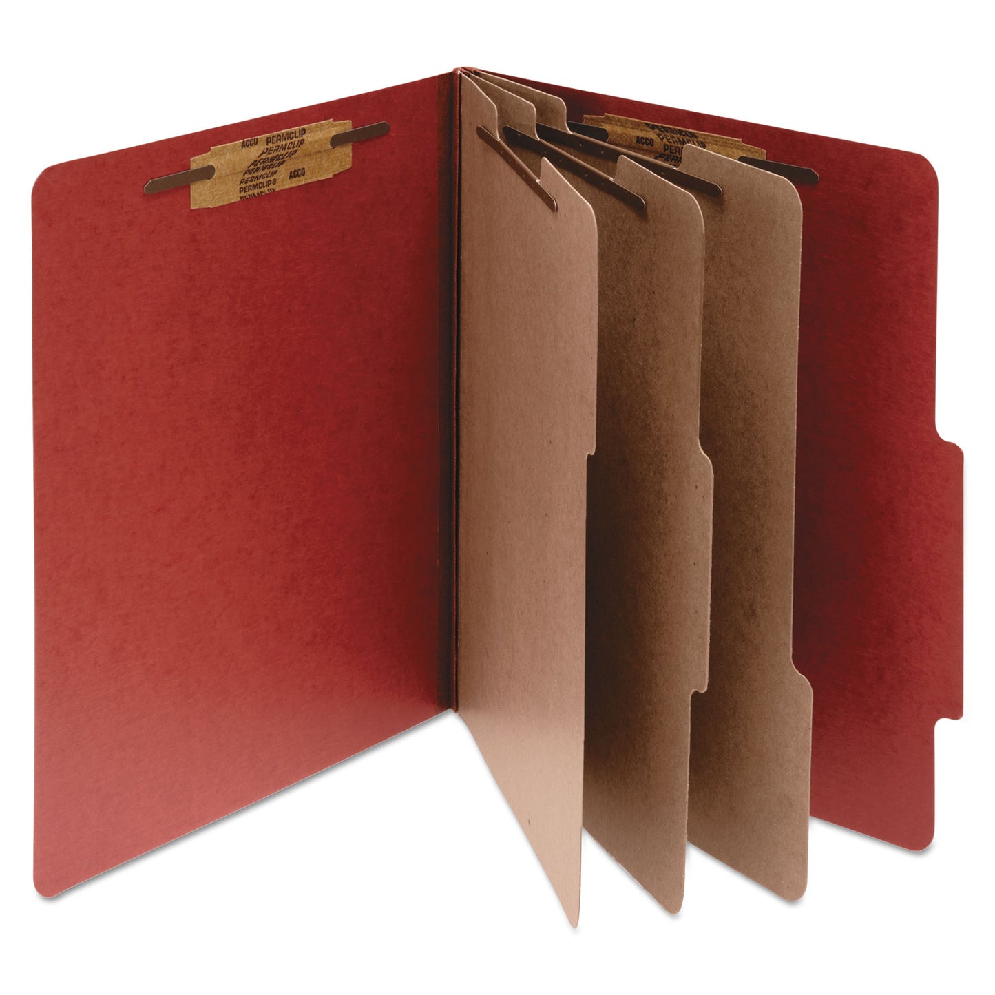 Acco Pressboard Classification Folders, 4" Expansion, 3 Dividers, 8 Fasteners, Letter Size, Earth Red Exterior, 10/Box (15038)
