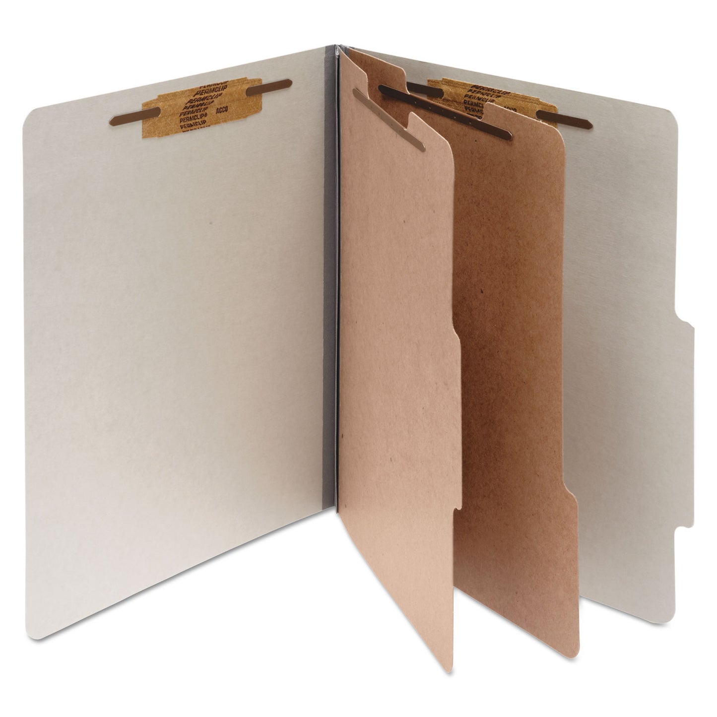 Acco Pressboard Classification Folders, 3" Expansion, 2 Dividers, 6 Fasteners, Letter Size, Mist Gray Exterior, 10/Box (15056)