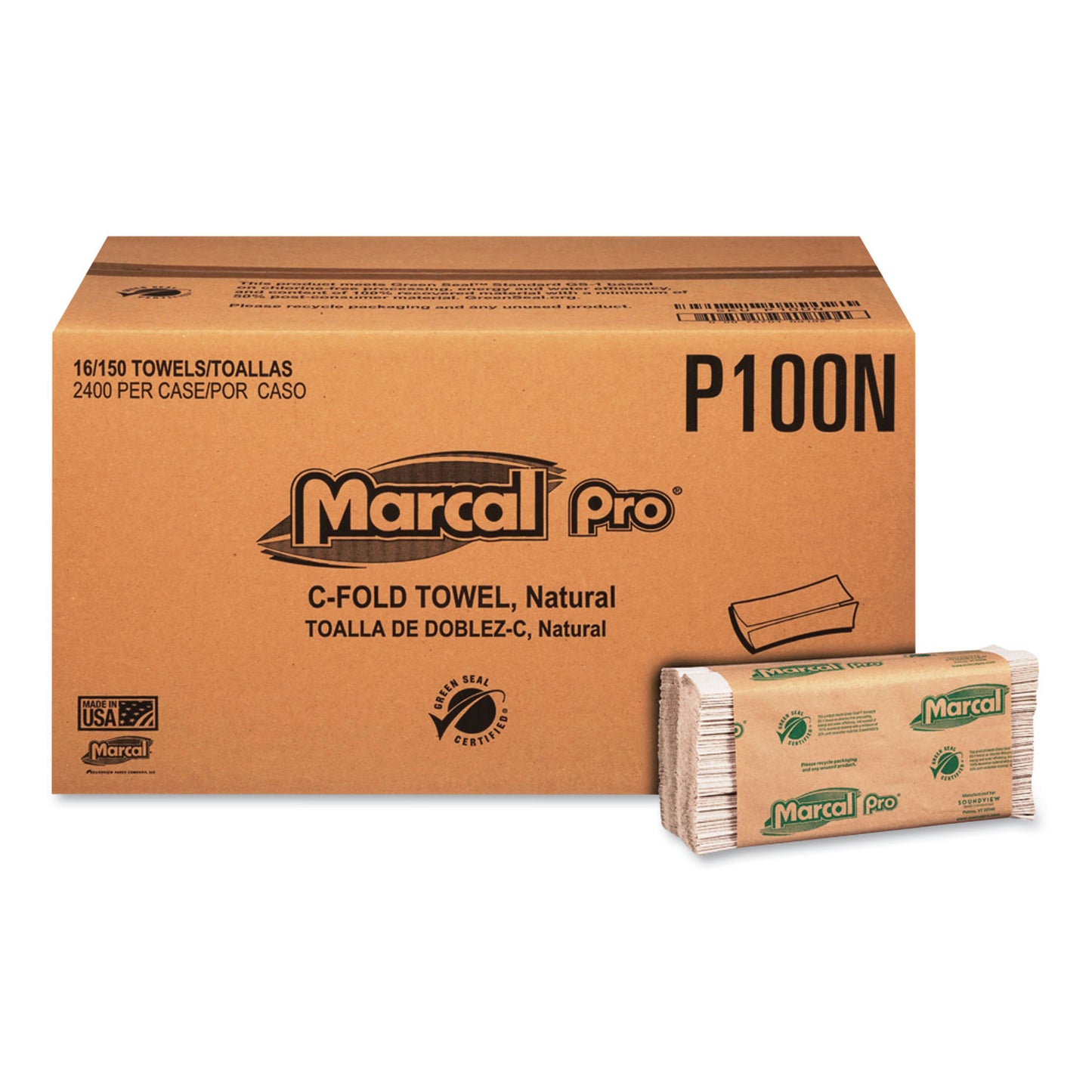 Marcal PRO Folded Paper Towels, 1-Ply, 12.88 x 10.13, Natural, 150/Pack, 16 Packs/Carton (P100N)