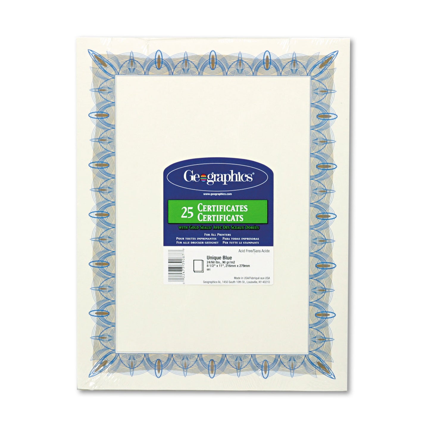 Geographics Award Certificates with Gold Seals, 8.5 x 11, Unique Blue with White Border, 25/Pack (39087)