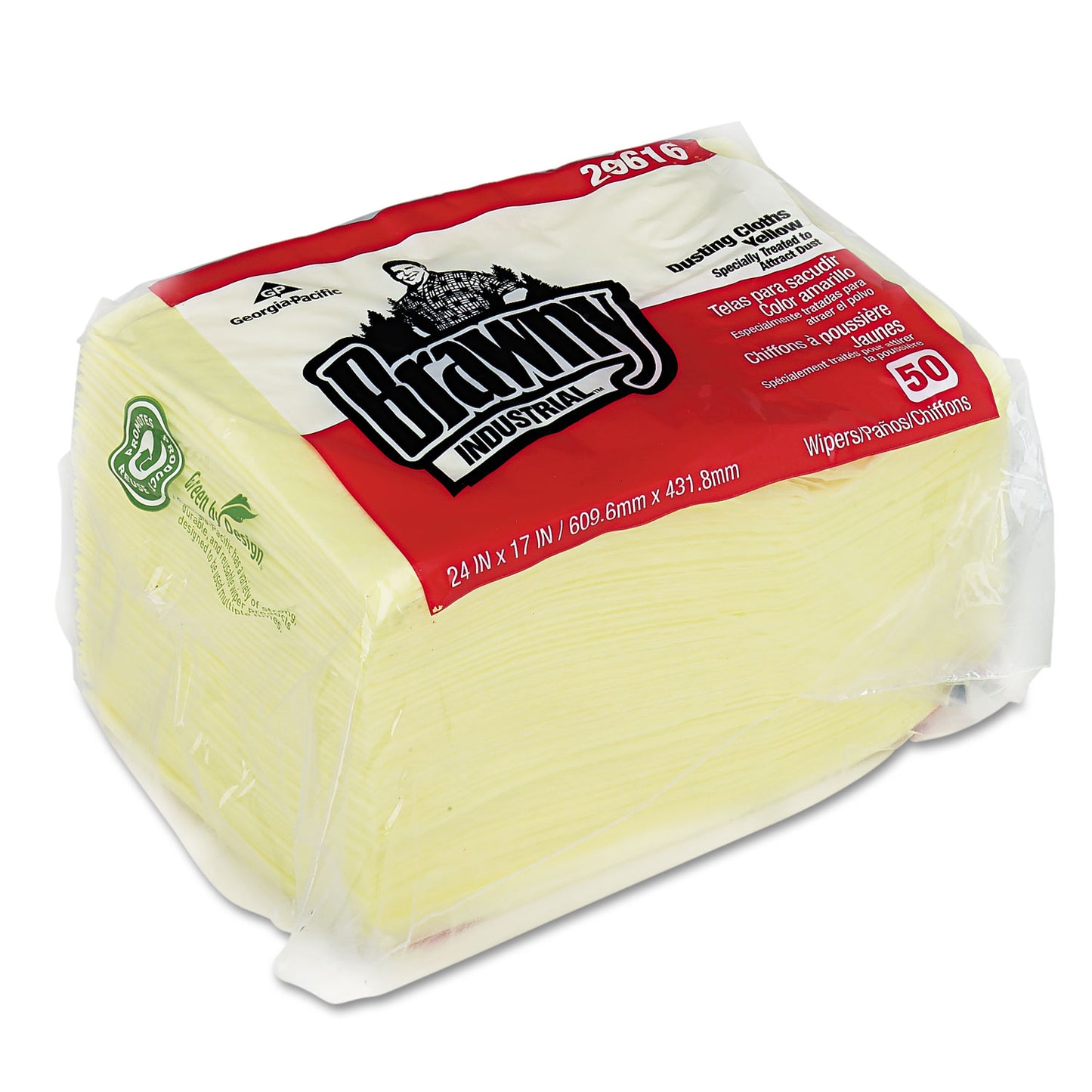 Brawny Dusting Cloths Quarterfold, 17 x 24, Unscented, Yellow, 50/Pack, 4 Packs/Carton (29616)