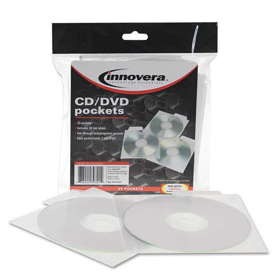Innovera CD/DVD Pockets, 1 Disc Capacity, Clear, 25/Pack (39701)
