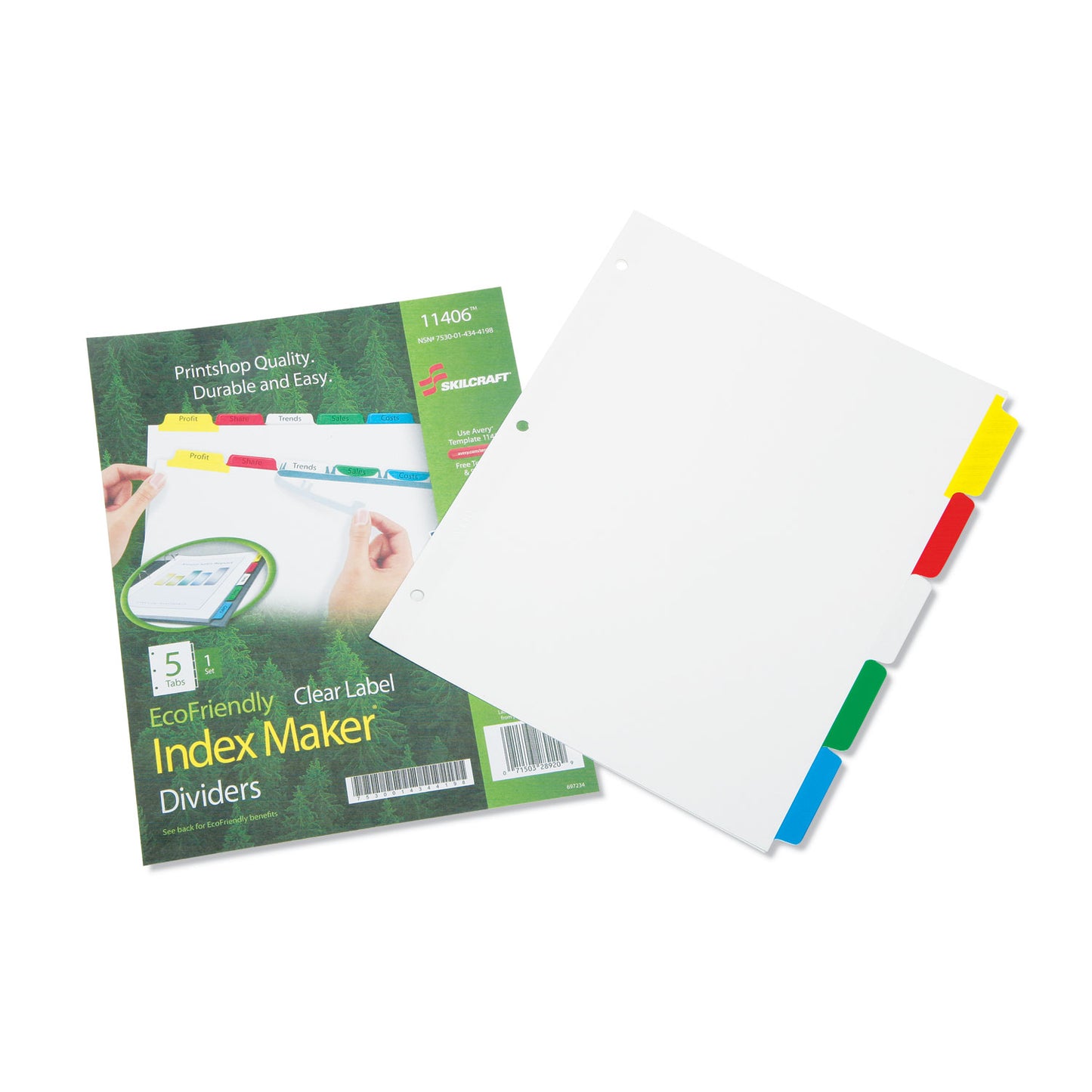 AbilityOne 7530014344198, SKILCRAFT Avery Index Maker Dividers, 5-Tab, 11 x 8.5, White, Assorted Tabs, 1 Set