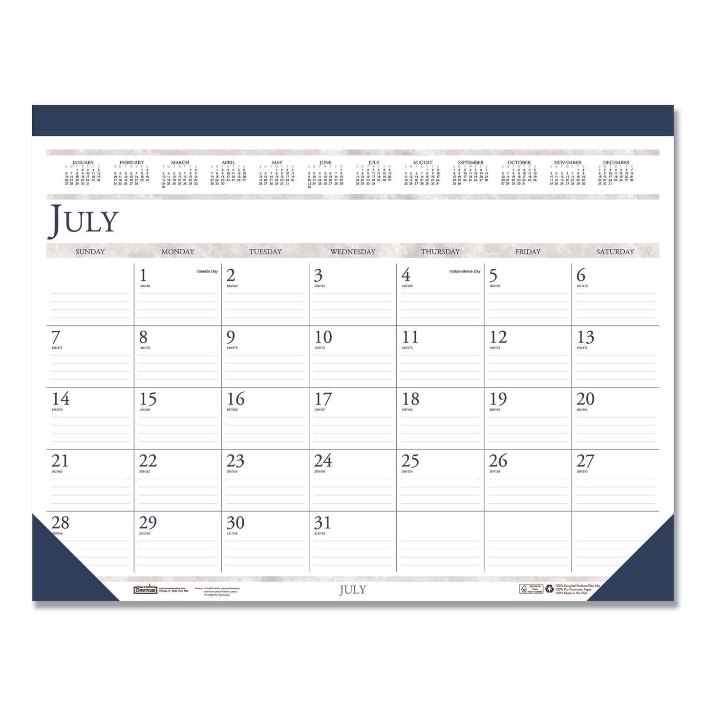 House of Doolittle Recycled Academic Desk Pad Calendar, 18.5 x 13, White/Blue Sheets, Blue Binding/Corners, 14-Month (July to Aug): 2024 to 2025 (1556)