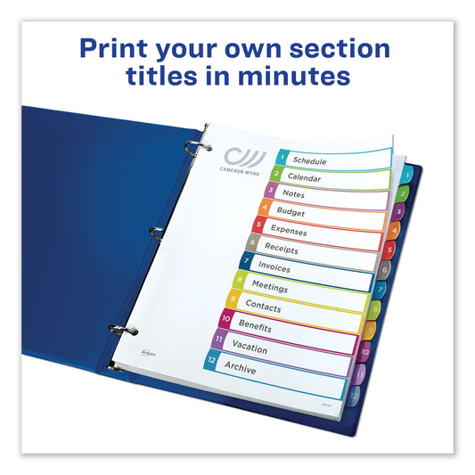 Avery Customizable TOC Ready Index Multicolor Tab Dividers, 12-Tab, 1 to 12, 11 x 8.5, White, Contemporary Color Tabs, 1 Set (11843)