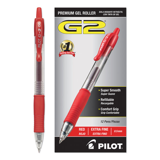 Pilot G2 Premium Gel Pen, Retractable, Extra-Fine 0.5 mm, Red Ink, Smoke/Red Barrel, Dozen (31004)