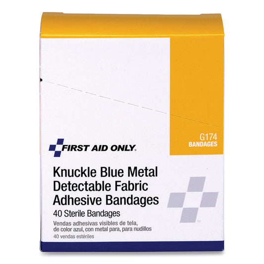 First Aid Only Blue Metal Detectable Fabric Adhesive Bandages, Four-Wing Knuckle, 1.5 x 3, 40/Box (G174)