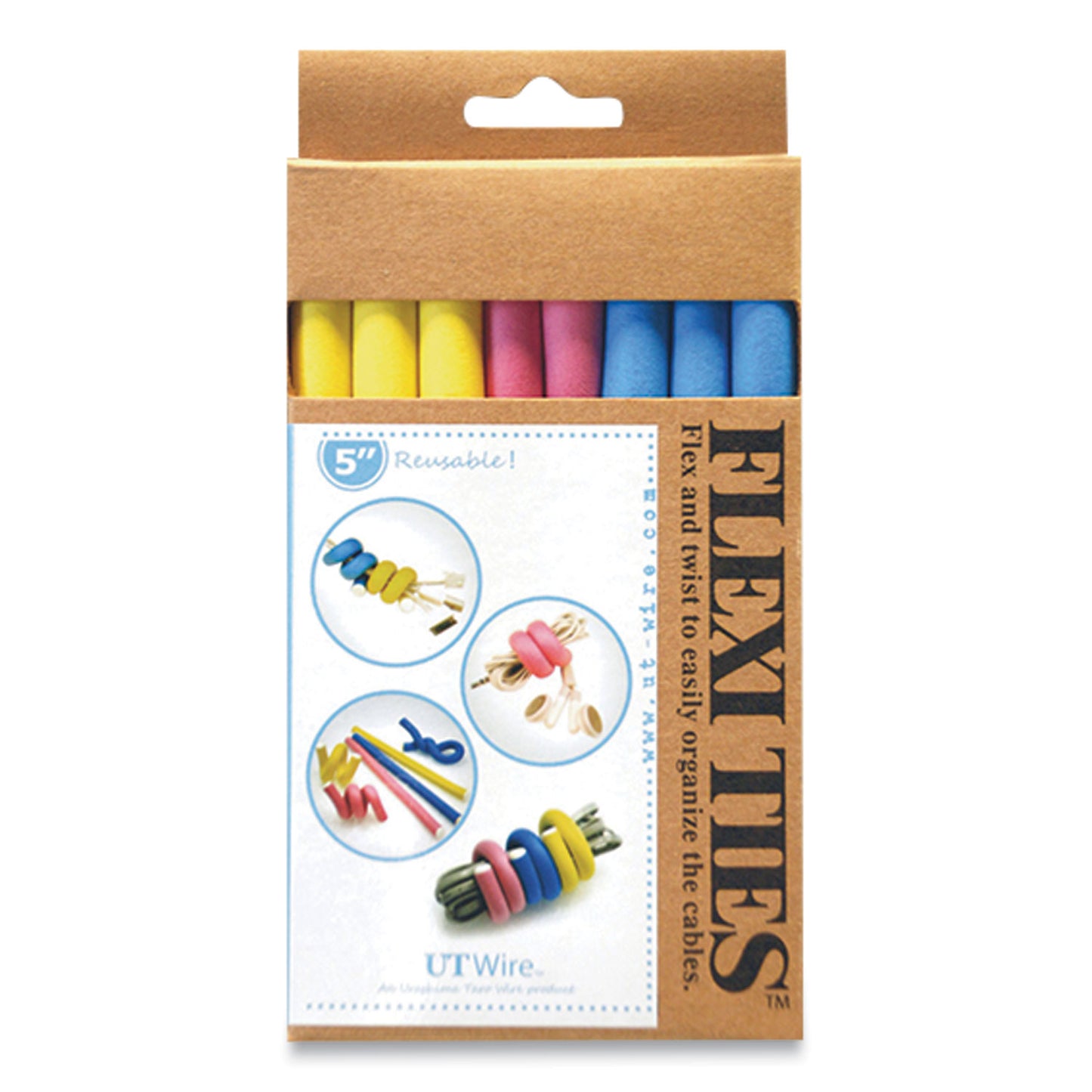 UT Wire Flexi Ties Cushioned Cable Ties, 0.4" x 5", Assorted Colors, 8/Pack (UTWFT1203)