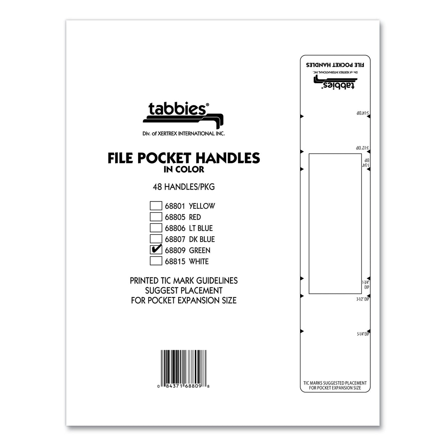 Tabbies File Pocket Handles, 9.63 x 2, Green/White, 4/Sheet, 12 Sheets/Pack (68809)