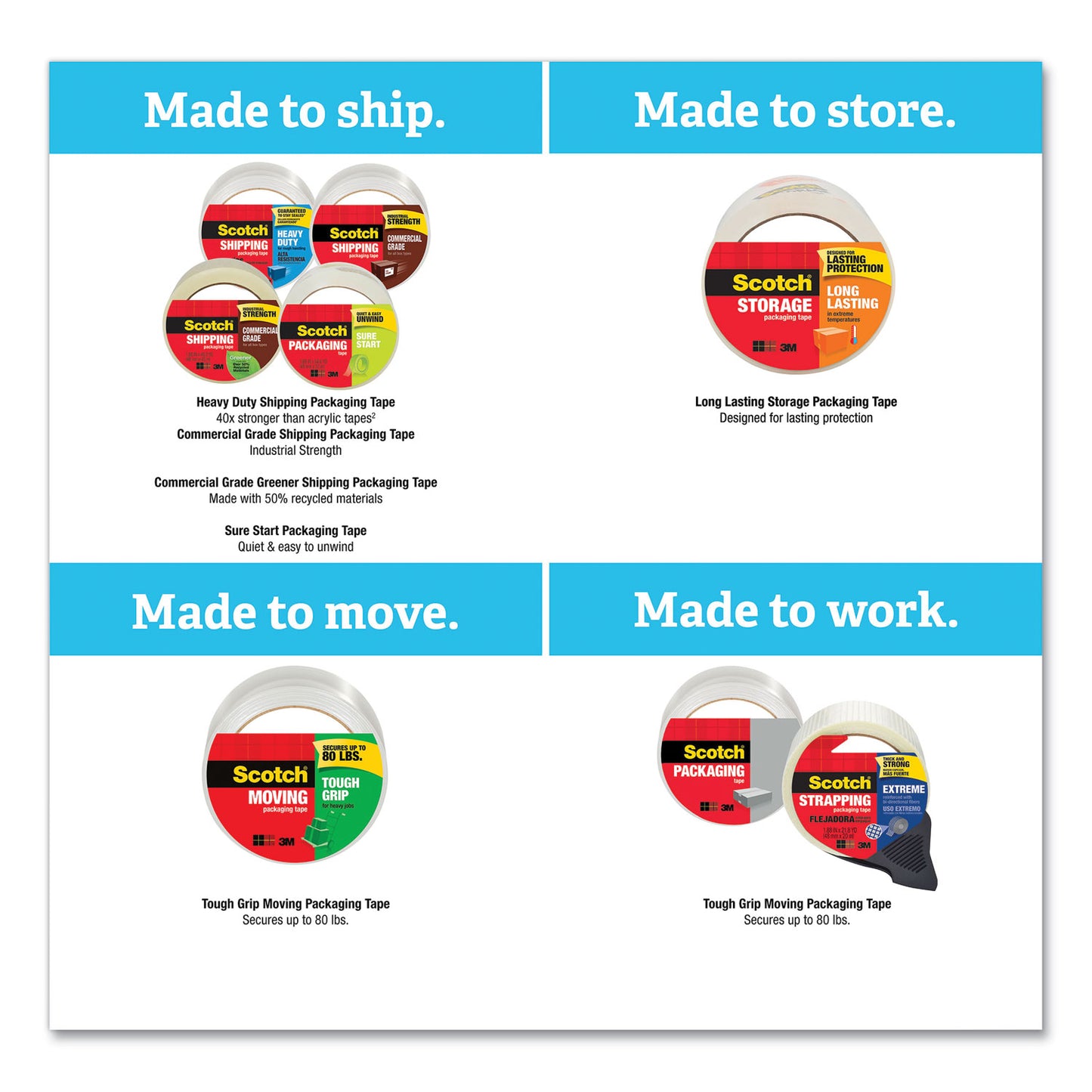Scotch Tough Grip Moving Packaging Tape, 3" Core, 1.88" x 43.7 yds, Clear, 6/Pack (3500406)