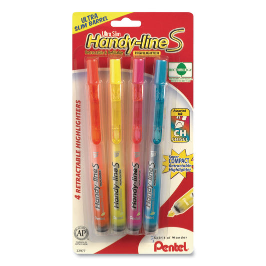 Pentel Ultra-Slim Handy-line S Retractable/Refillable Highlighters, Assorted Ink Colors, Chisel Tip, Assorted Barrel Colors, 4/PK (SXS15BPS4M)