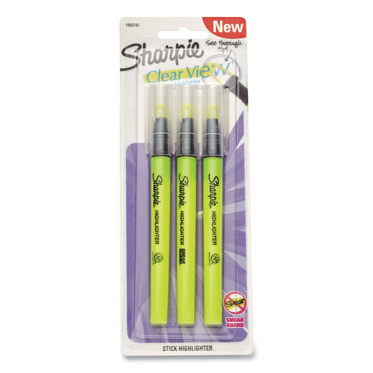 Sharpie Clearview Pen-Style Highlighter, Fluorescent Yellow Ink, Chisel Tip, Yellow/Black/Clear Barrel, 3/Pack (1950745)