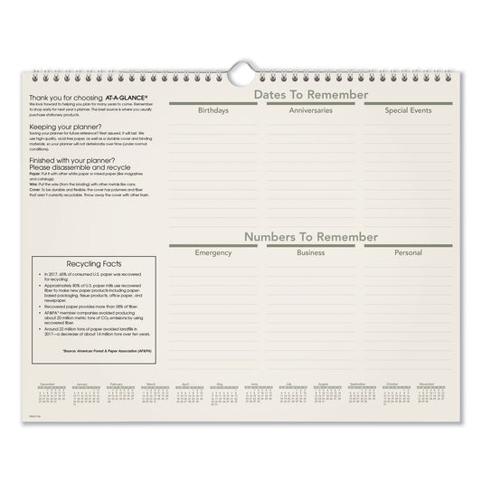 AT-A-GLANCE Recycled Wall Calendar, Unruled Blocks, 15 x 12, Sand/Green Sheets, 12-Month (Jan to Dec): 2025 (PMG7728)