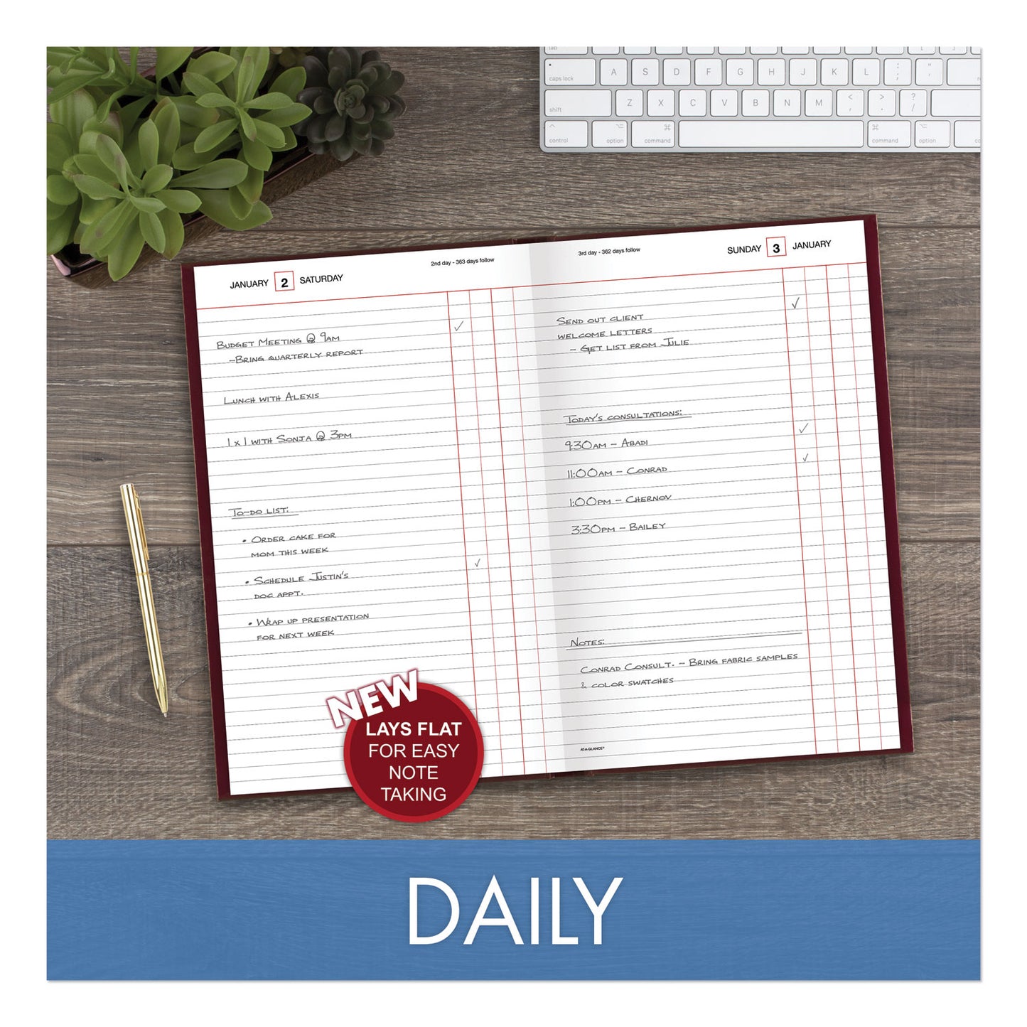 AT-A-GLANCE Standard Diary Daily Journal, 2025 Edition, Wide/Legal Rule, Red Cover, (210) 12 x 7.75 Sheets (SD37713)