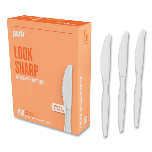 Perk Heavyweight Plastic Cutlery, Knives, White, 100/Pack (24390996)