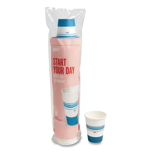 Perk Paper Hot Cups, 12 oz, White/Blue, 50/Pack (24375253)