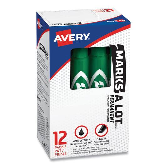 Avery MARKS A LOT Regular Desk-Style Permanent Marker, Broad Chisel Tip, Green, Dozen (7885) (07885)