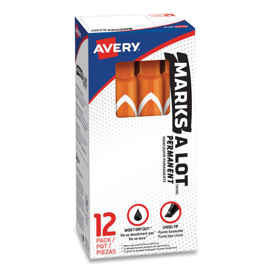 Avery MARKS A LOT Large Desk-Style Permanent Marker, Broad Chisel Tip, Orange, Dozen (8883) (08883)