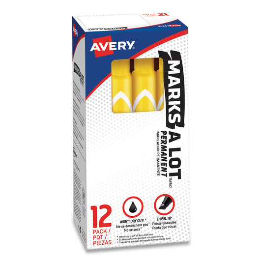 Avery MARKS A LOT Large Desk-Style Permanent Marker, Broad Chisel Tip, Yellow, Dozen (8882) (08882)