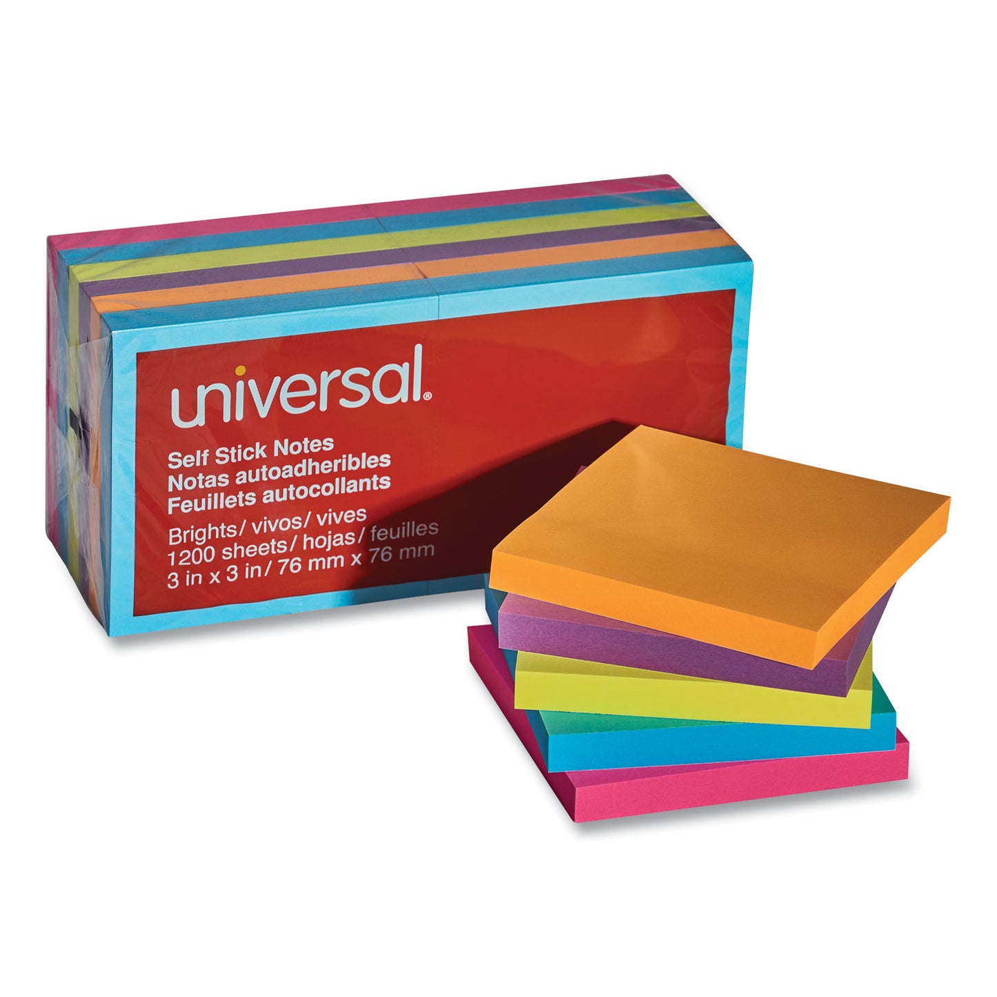 Universal Self-Stick Note Pads, 3" x 3", Assorted Bright Colors, 100 Sheets/Pad, 12 Pads/Pack (35610)