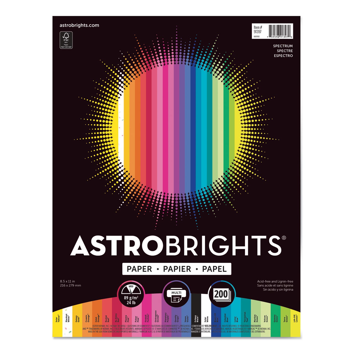 Astrobrights Color Paper - "Spectrum" Assortment, 24 lb Bond Weight, 8.5 x 11, 25 Assorted Spectrum Colors, 200/Pack (91397)