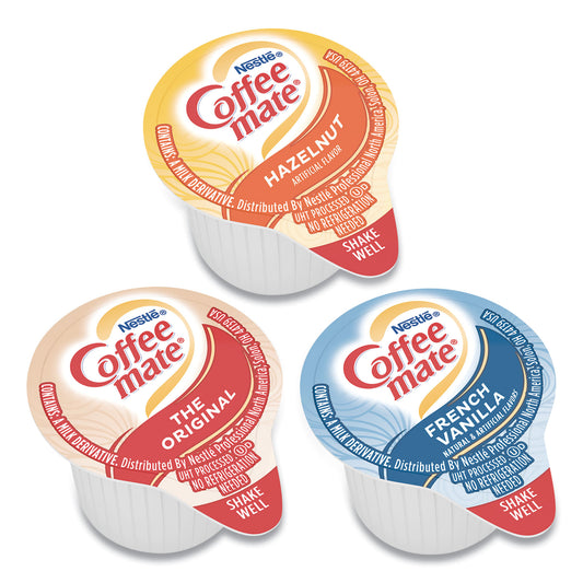 Coffee-mate Liquid Coffee Creamer, French Vanilla/Hazelnut/Original, 0.38 oz Mini Cups, 150 Cups/Carton (46193CT)