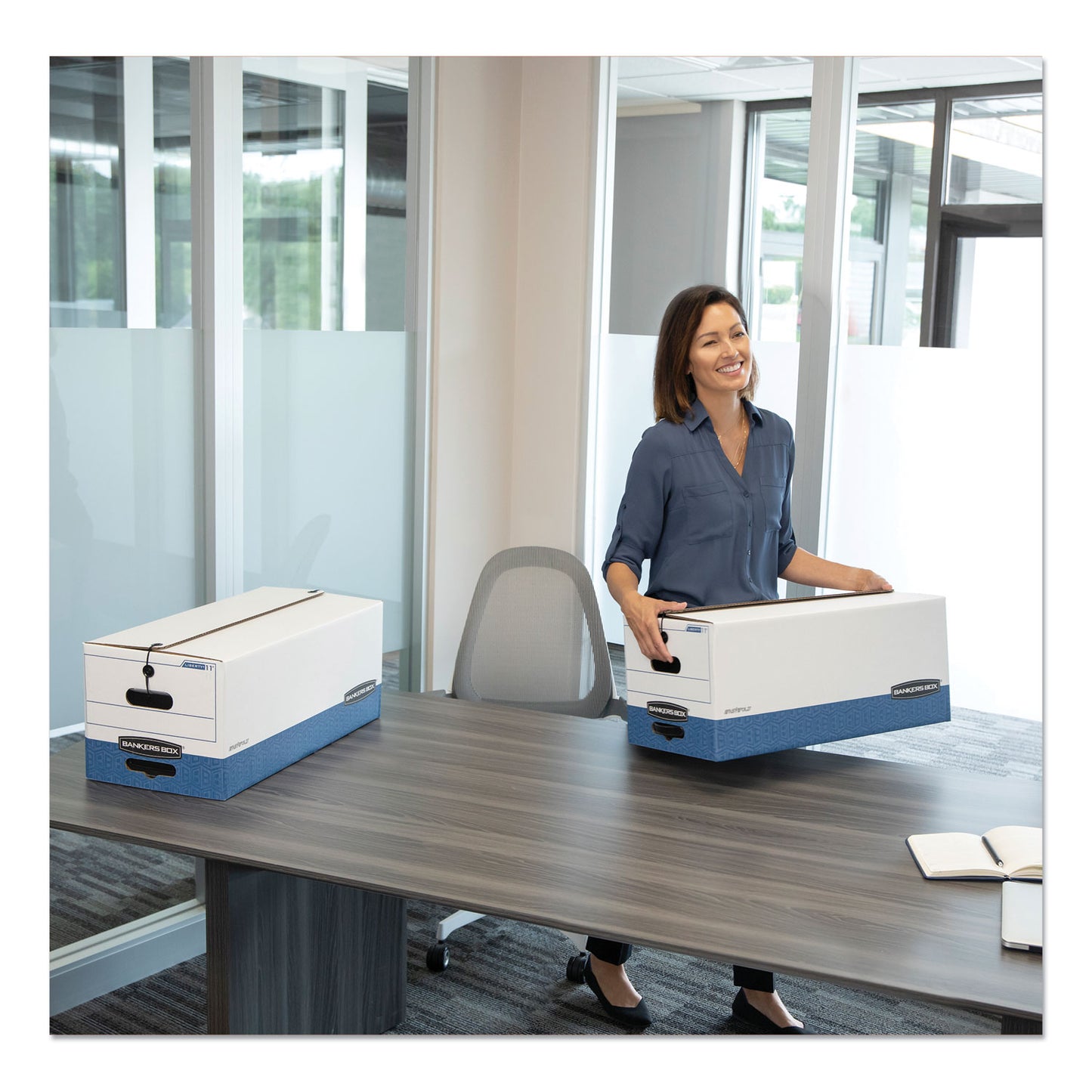 Bankers Box STOR/FILE Medium-Duty Strength Storage Boxes, Letter Files, 12.25" x 24.13" x 10.75", White/Blue, 4/Carton (0070403)