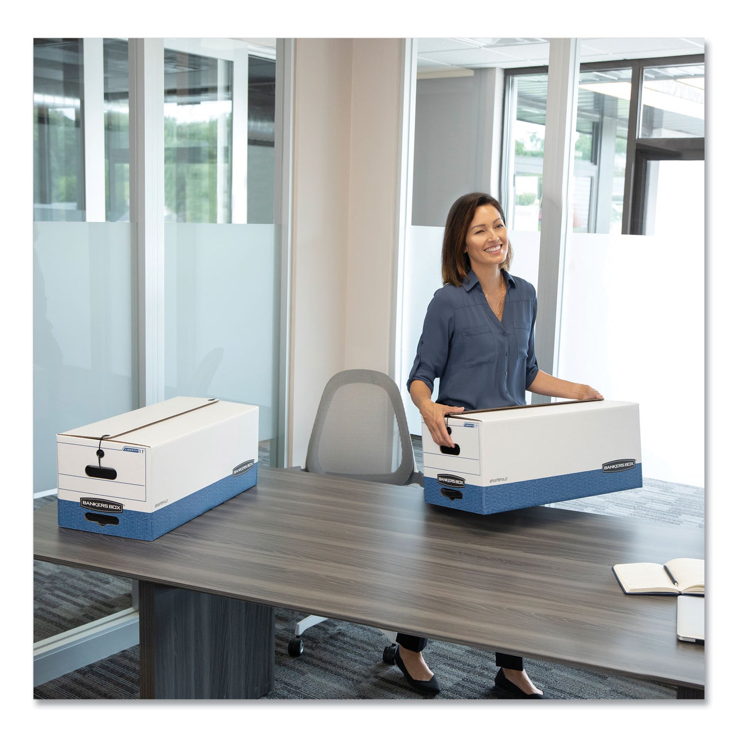 Bankers Box LIBERTY Heavy-Duty Strength Storage Boxes, Letter Files, 12.25" x 24.13" x 10.75", White/Blue, 4/Carton (0001103)