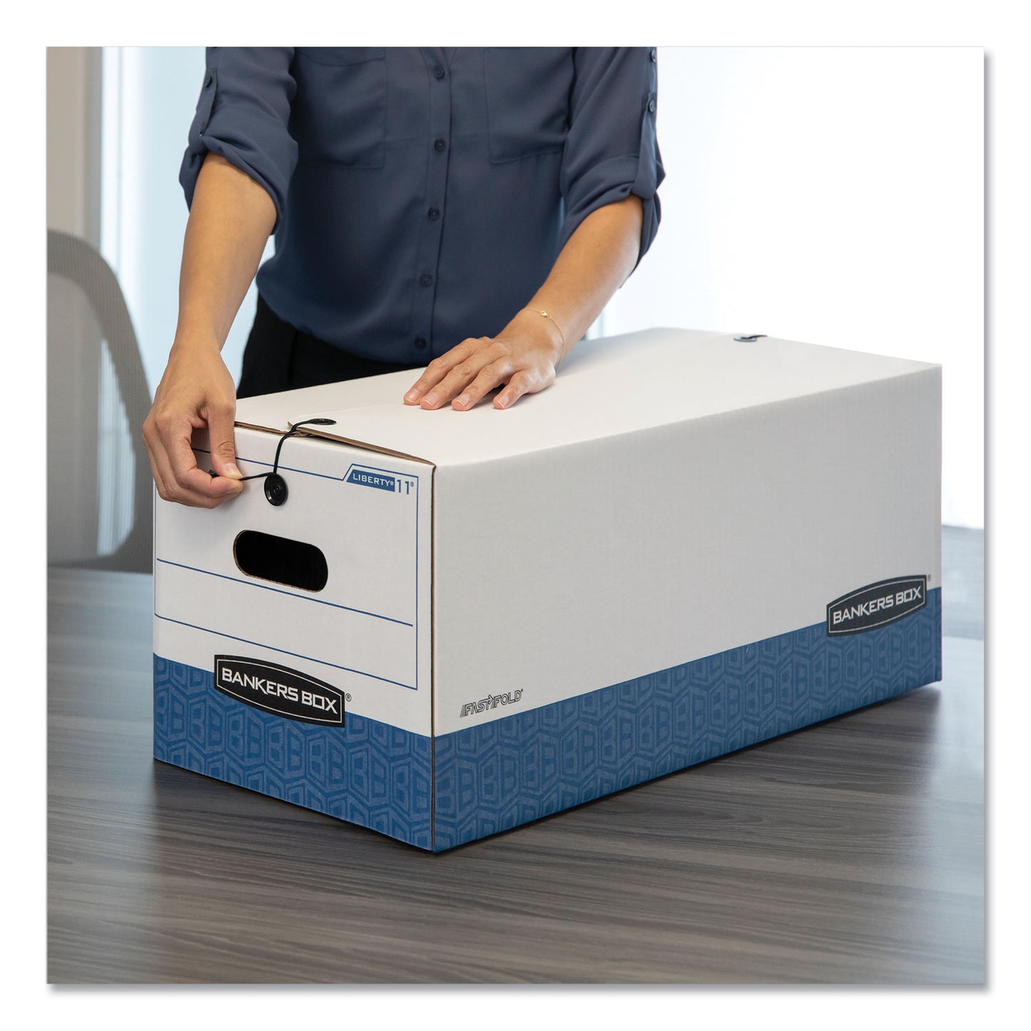 Bankers Box LIBERTY Heavy-Duty Strength Storage Boxes, Legal Files, 15.25" x 24.13" x 10.75", White/Blue, 4/Carton (0001203)