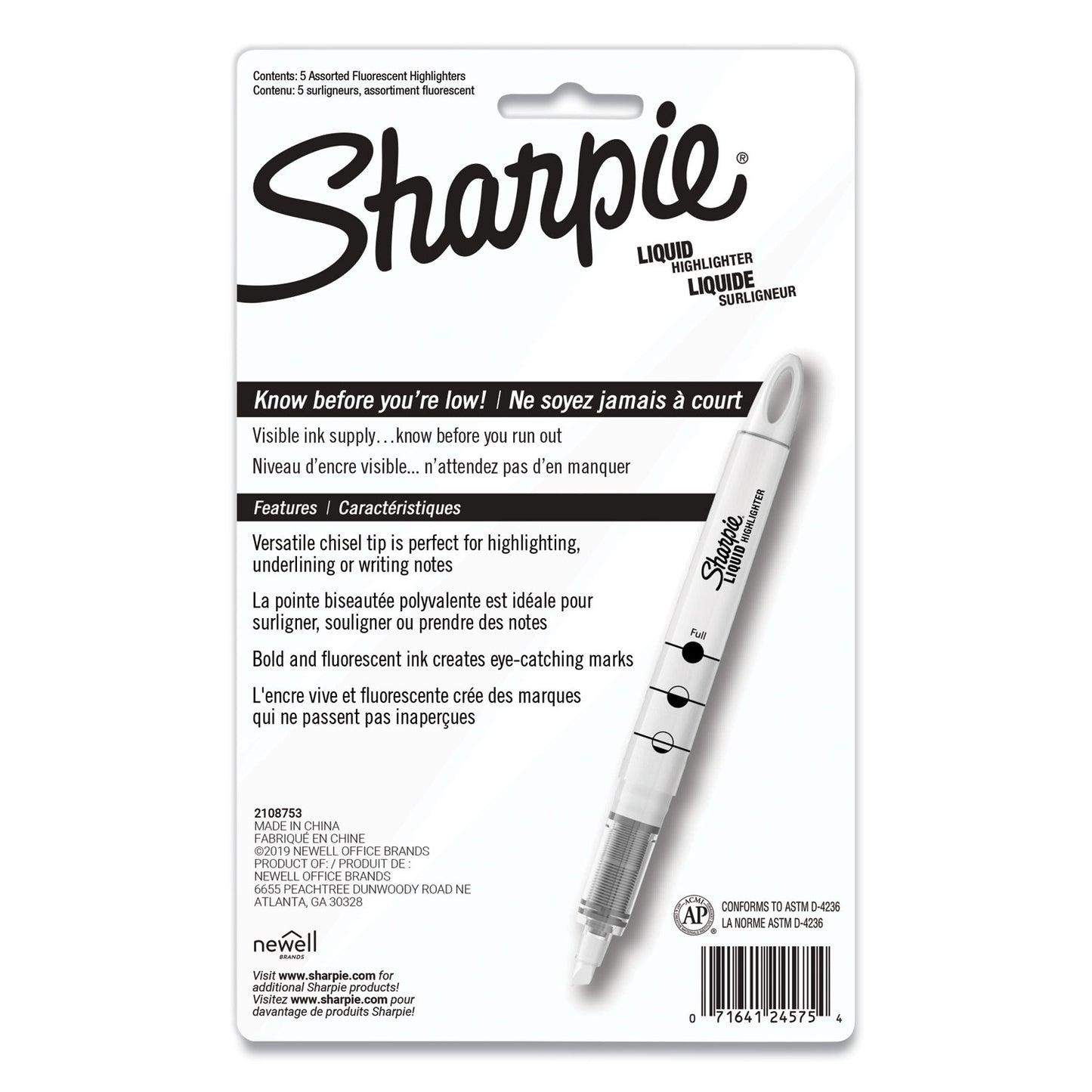 Sharpie Liquid Pen Style Highlighters, Assorted Ink Colors, Chisel Tip, Assorted Barrel Colors, 5/Set (24575PP)