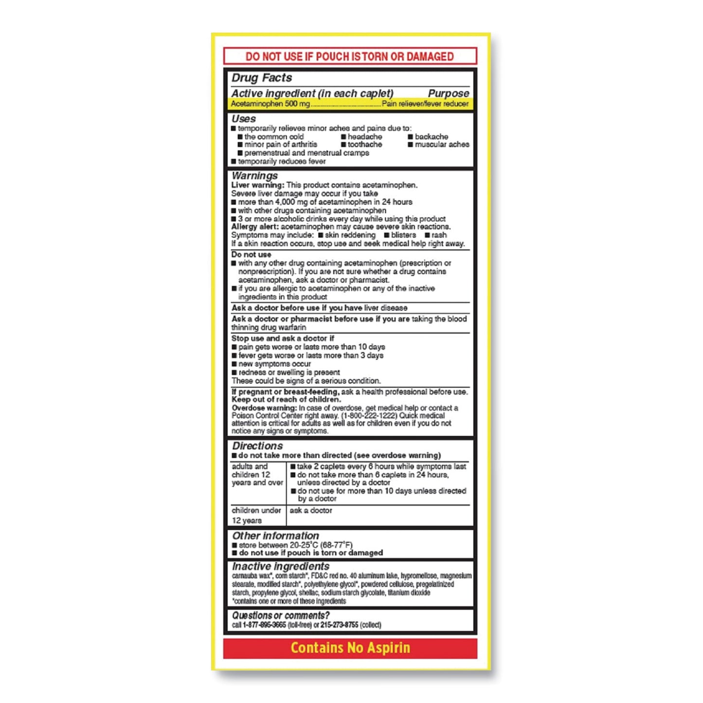 Tylenol Acetaminophen, 500mg, Extra Strength Caplets, Refill, 2 /Packet, 30 Packets/Box (97477)