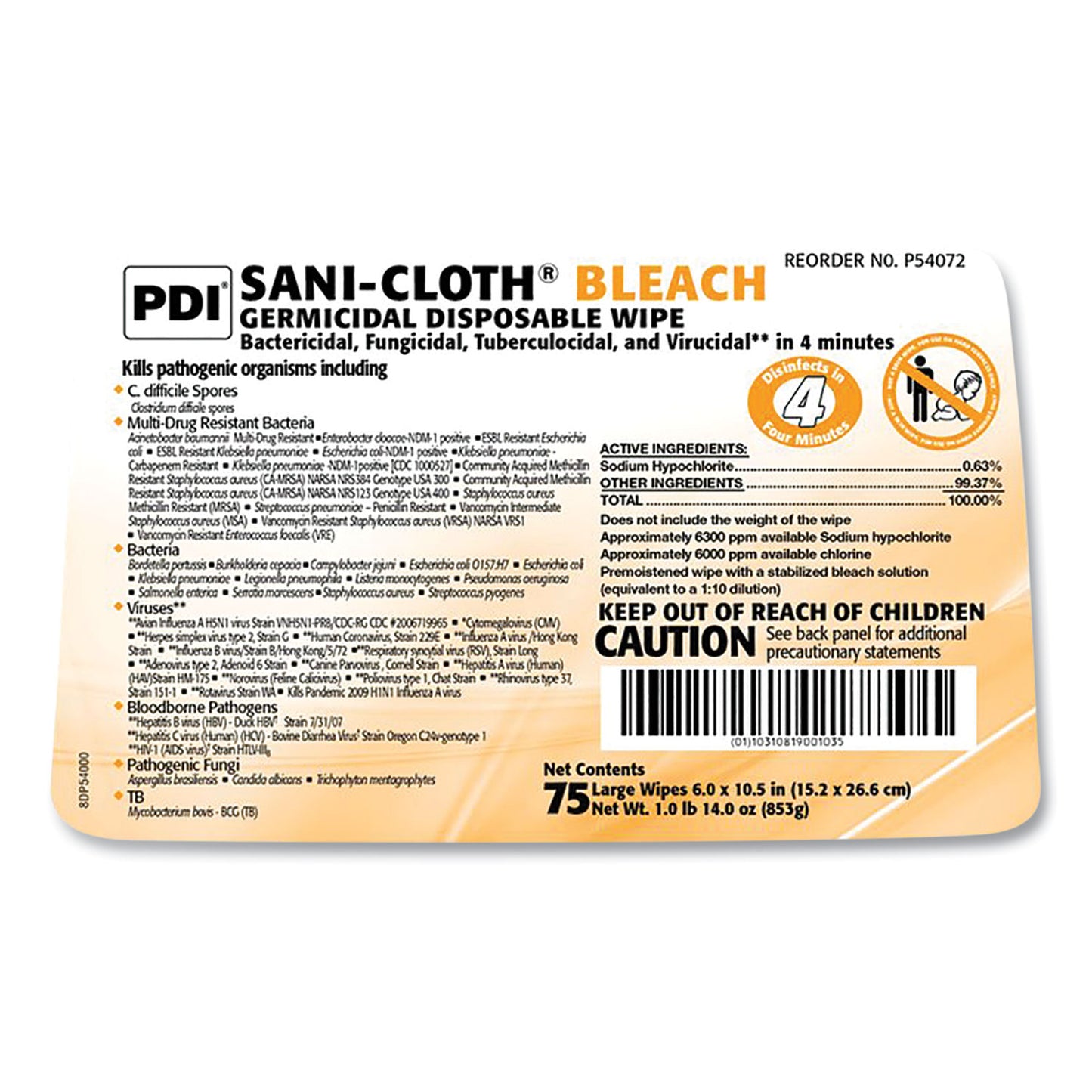 Sani-Cloth Bleach Germicidal Disposable Wipes, Deep-Well Lid Canister, 10.5 x 6, 75/Canister (P54072PK)