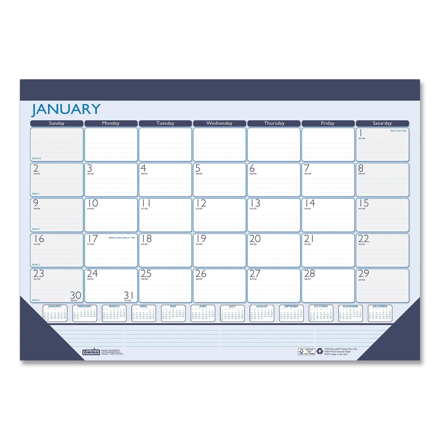 House of Doolittle Recycled Contempo Desk Pad Calendar, 22 x 17, White/Blue Sheets, Blue Binding, Blue Corners, 12-Month (Jan to Dec): 2025 (151)