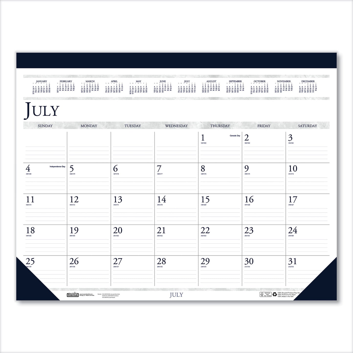 House of Doolittle Recycled Academic Desk Pad Calendar, 22 x 17, White/Blue Sheets, Blue Binding/Corners, 14-Month (July to Aug): 2024 to 2025 (155HD)