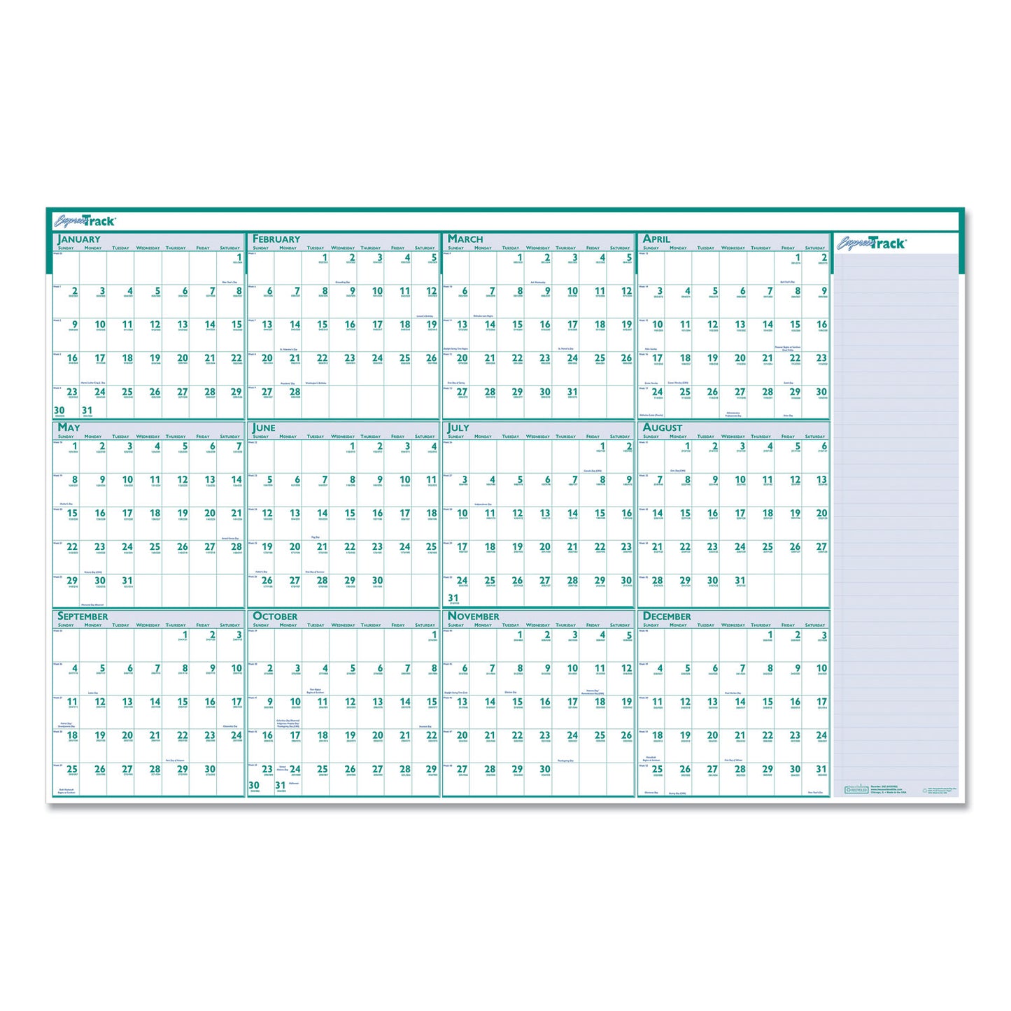 House of Doolittle Express Track Recycled Reversible/Erasable Yearly Wall Calendar, 24 x 37, White/Teal Sheets, 12-Month (Jan to Dec): 2025 (392)