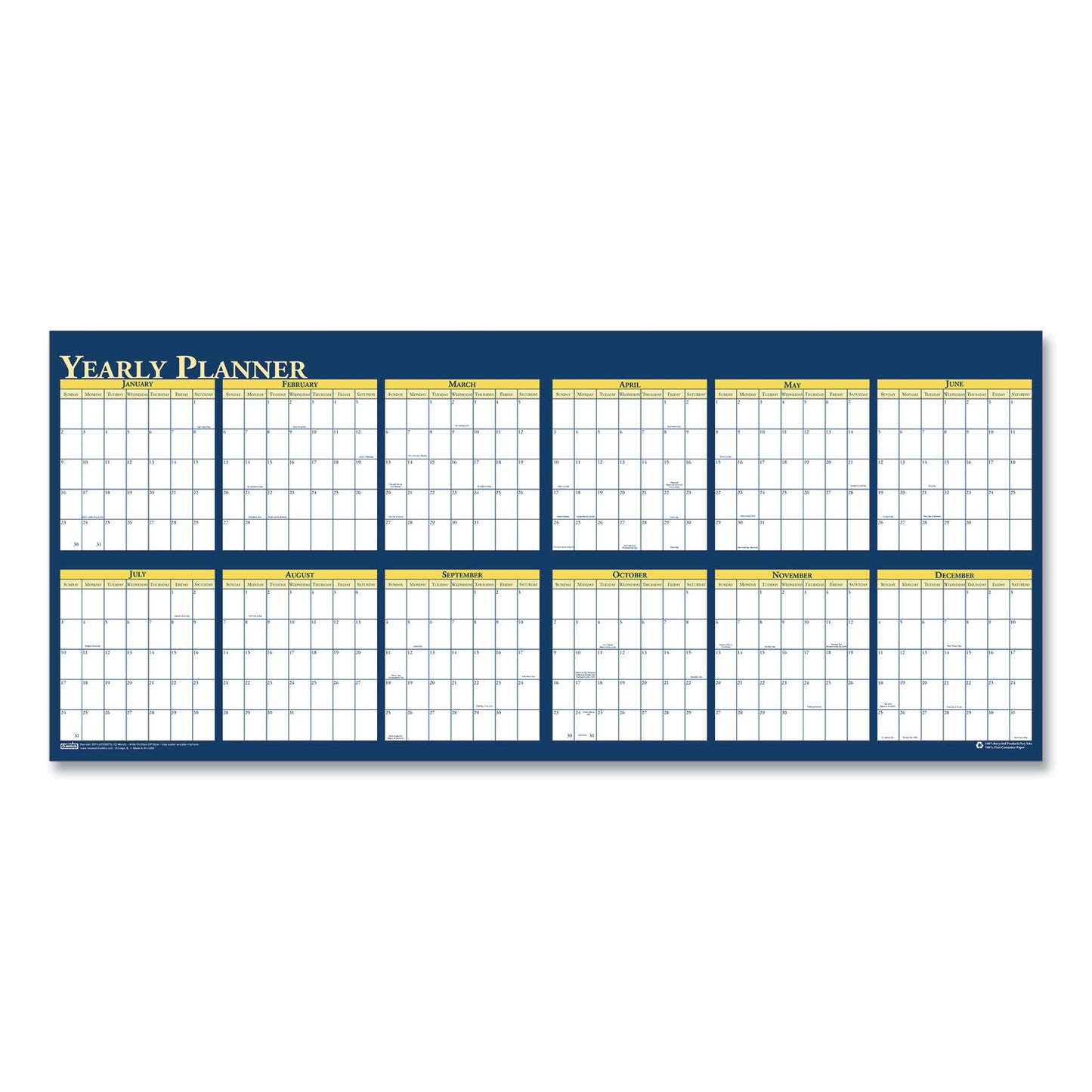 House of Doolittle Recycled Reversible Yearly Wall Planner, 60 x 26, White/Blue/Yellow Sheets, 12-Month (Jan to Dec): 2025 (3974)