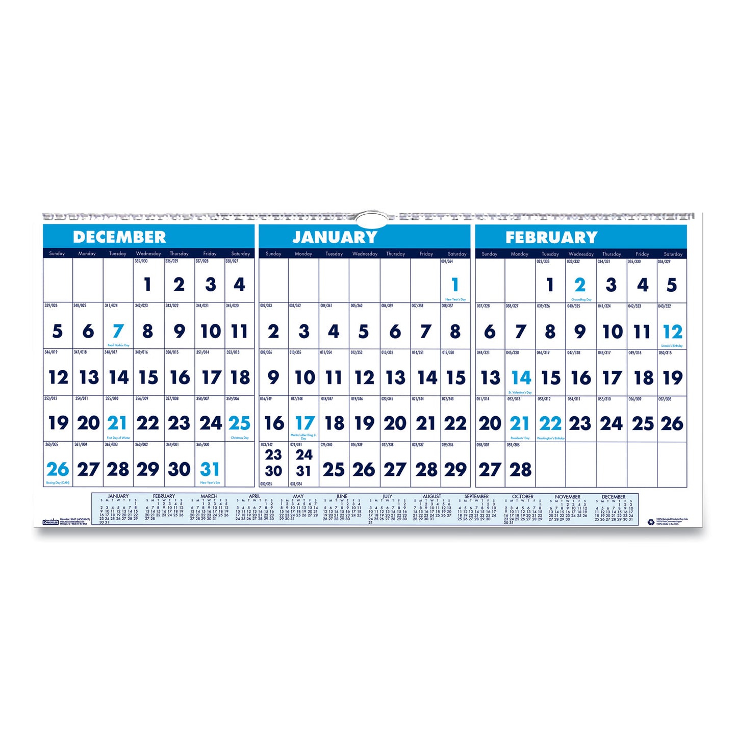 House of Doolittle Recycled Three-Month Format Wall Calendar, Horizontal Orientation, 23.5 x 12, White Sheets, 14-Month: Dec 2024 to Jan 2026 (3648)