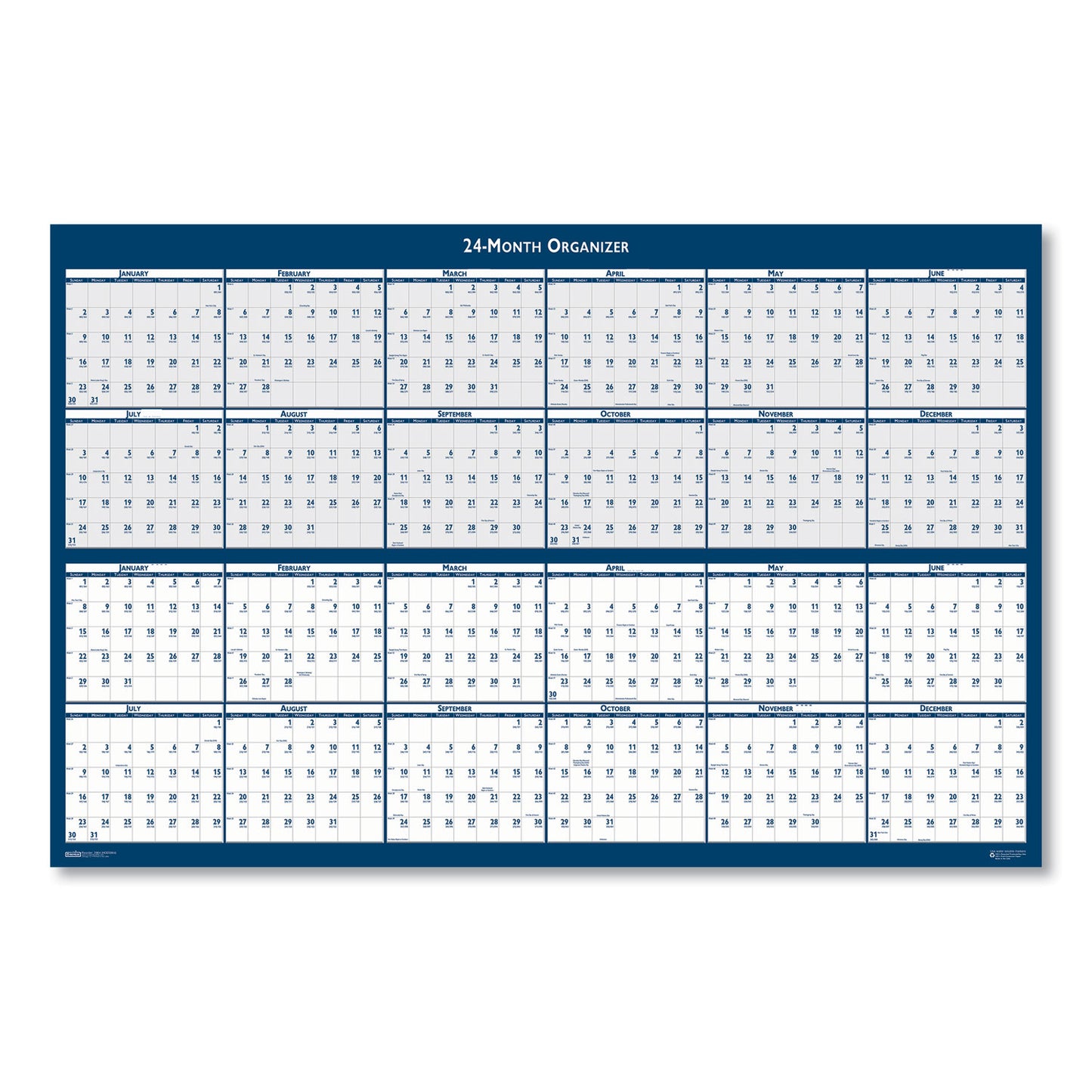 House of Doolittle Reversible/Erasable Two-Year Wall Calendar, 24 x 37, Light Blue/Blue/White Sheets, 24-Month: Jan 2025 to Dec 2026 (3964)