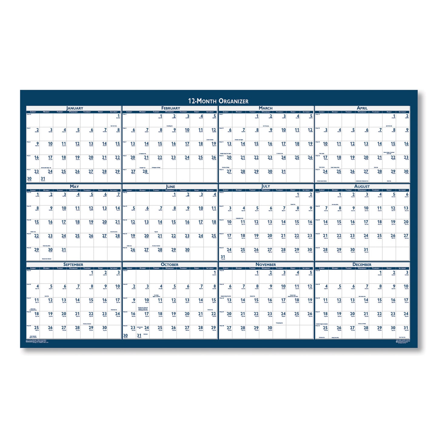 House of Doolittle Recycled Poster Style Reversible/Erasable Yearly Wall Calendar, 18 x 24, White/Blue/Gray Sheets, 12-Month (Jan to Dec): 2025 (3960)