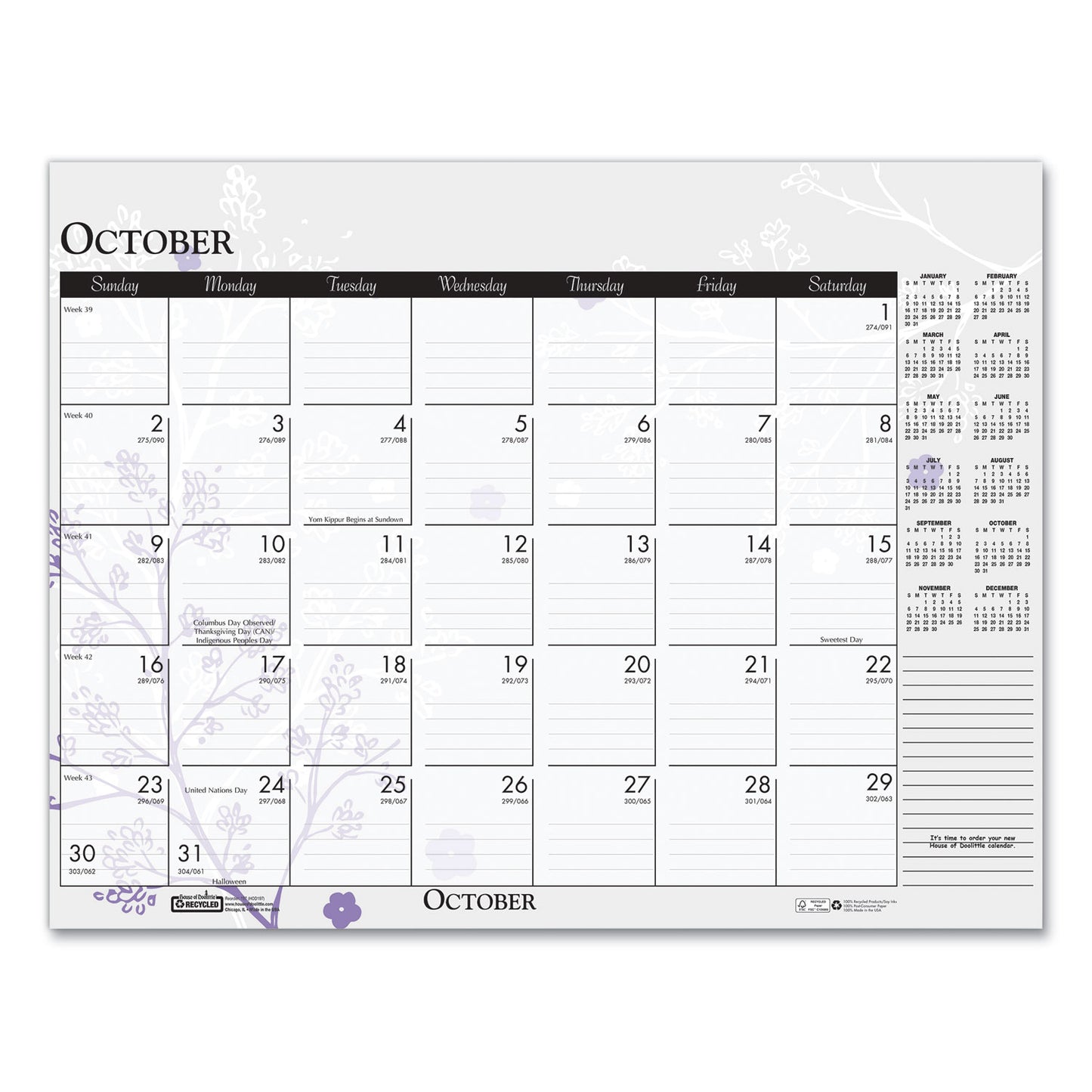 House of Doolittle Recycled Desk Pad Calendar, Wild Flowers Artwork, 18.5 x 13, White Sheets, Black Binding/Corners,12-Month (Jan-Dec): 2025 (1976)
