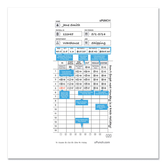 Time Clock Cards for uPunch HN4000, Two Sides, 7.37 x 3.37, 50/Pack (HNTCL2050)
